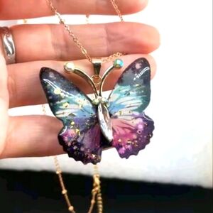 Purple and Blue Butterfly Necklace with Intricate Design